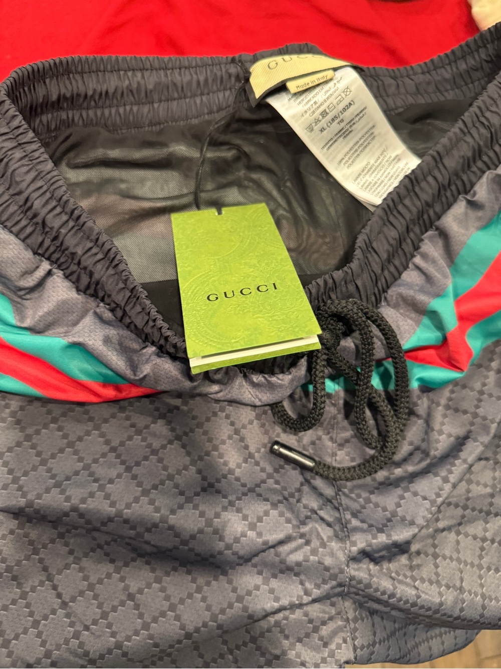 Gucci Gray Swim Trunks with Teal and Red Stripe